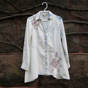 Vintage America Blues Floral Embroidery Bohemian Wash Denim Shirt Jacket Size S